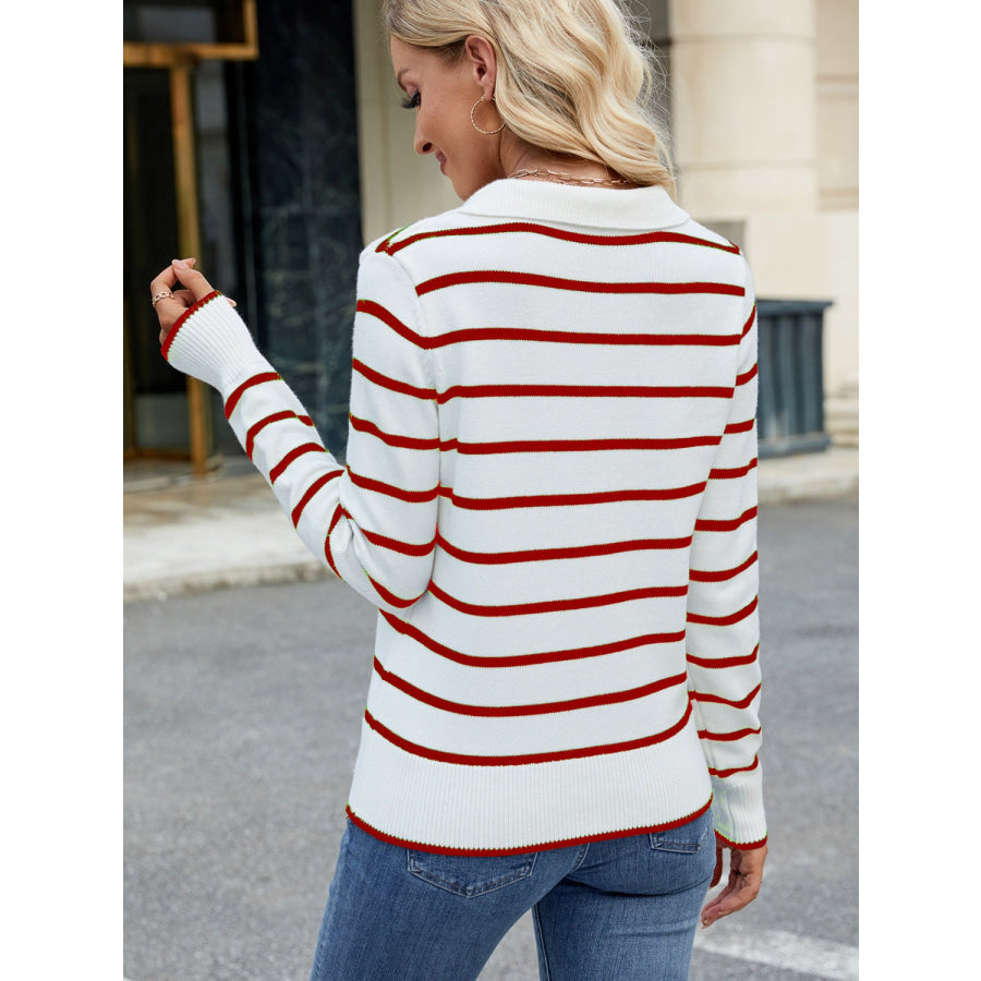 Striped Johnny Collar Long Sleeve Sweater Apparel and Accessories