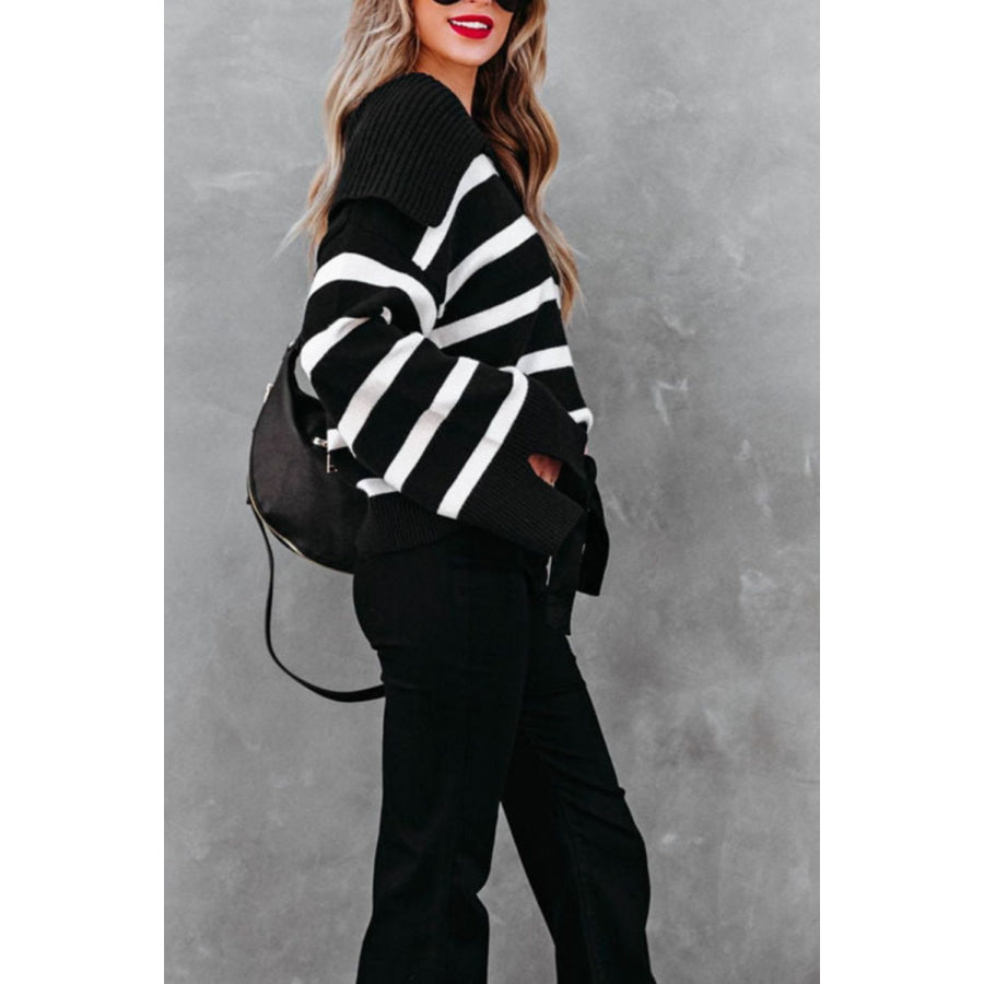 Striped Johnny Collar Long Sleeve Sweater Apparel and Accessories