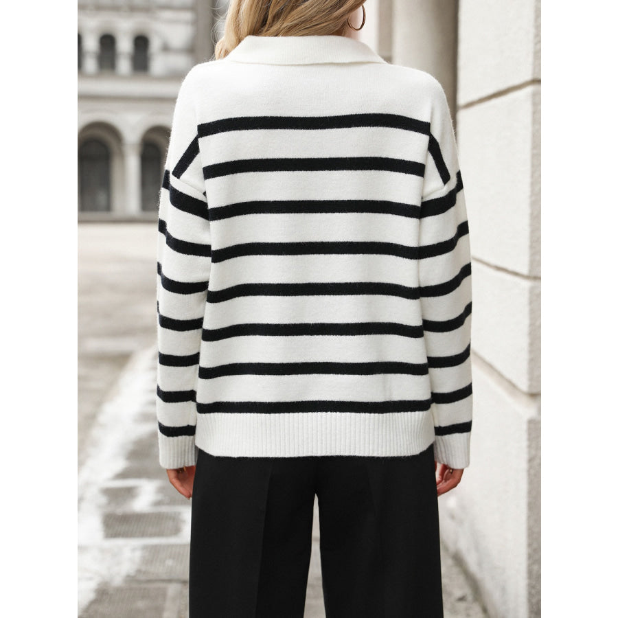 Striped Johnny Collar Long Sleeve Sweater Apparel and Accessories