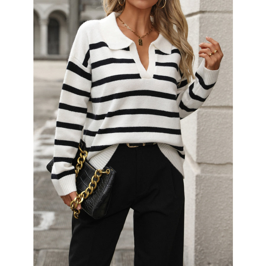 Striped Johnny Collar Long Sleeve Sweater Apparel and Accessories