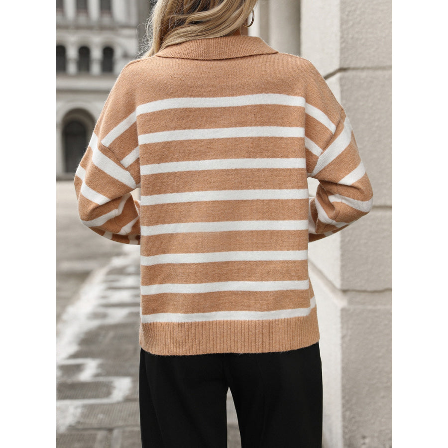 Striped Johnny Collar Long Sleeve Sweater Apparel and Accessories