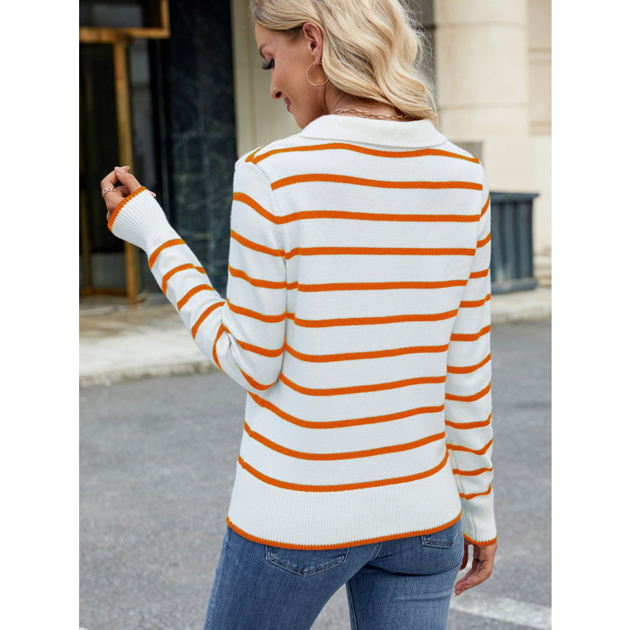Striped Johnny Collar Long Sleeve Sweater Apparel and Accessories