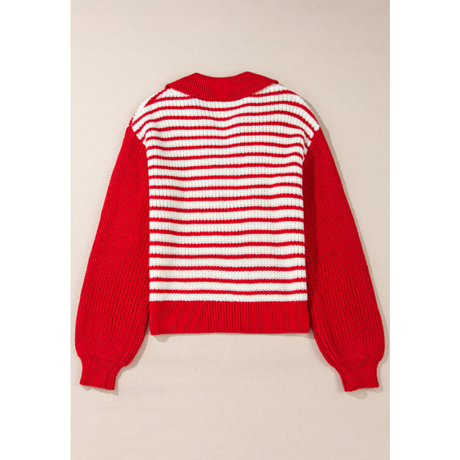 Striped Johnny Collar Long Sleeve Sweater Apparel and Accessories