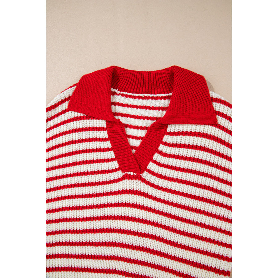 Striped Johnny Collar Long Sleeve Sweater Apparel and Accessories