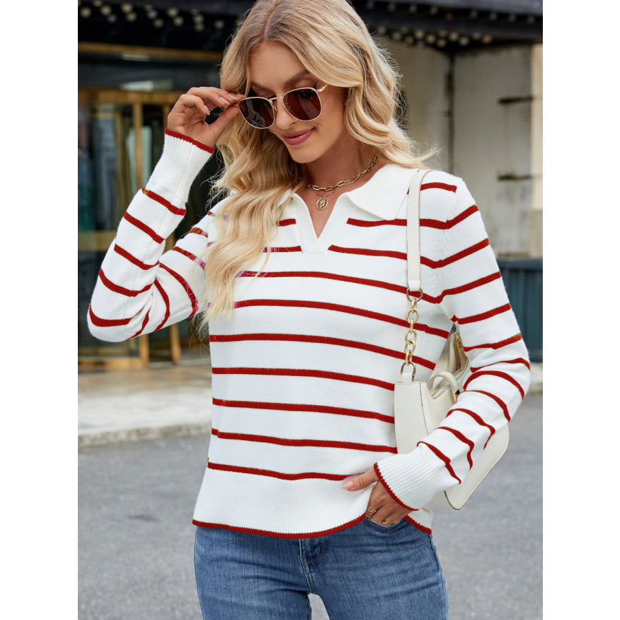 Striped Johnny Collar Long Sleeve Sweater Rust / S Apparel and Accessories