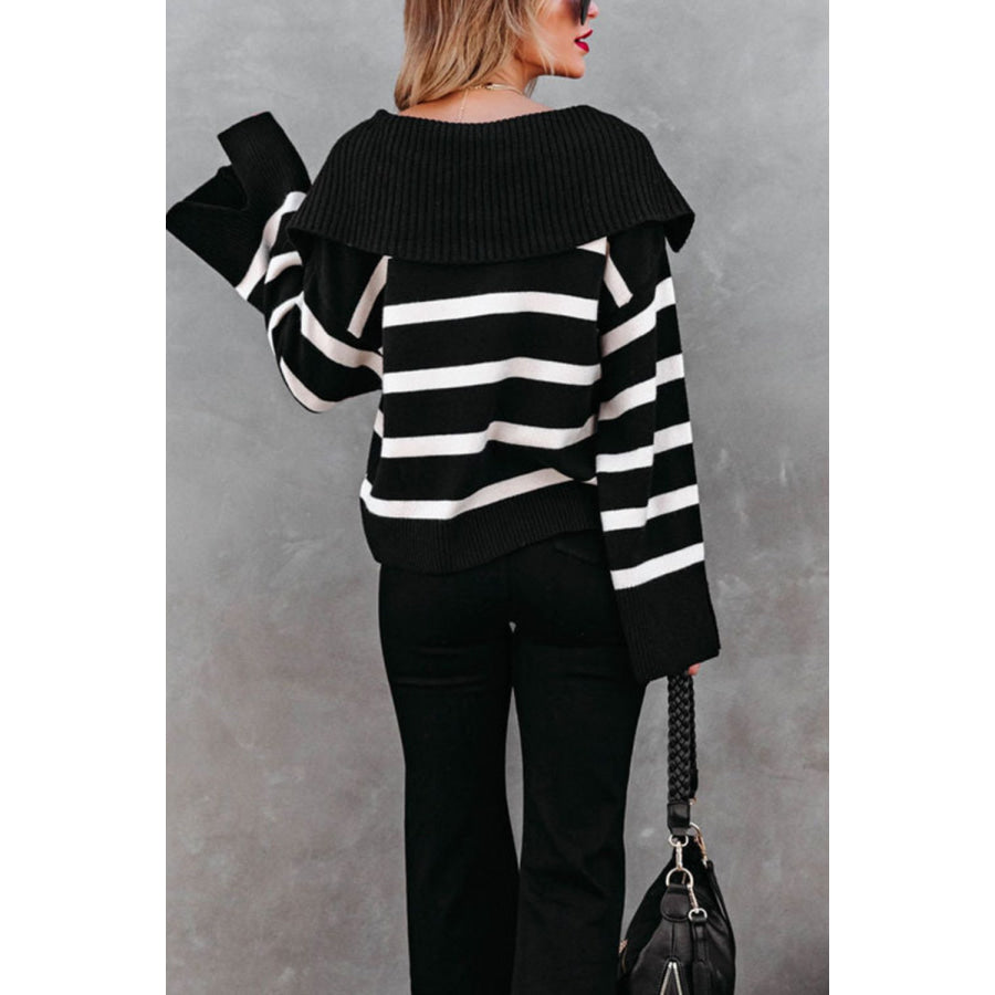 Striped Johnny Collar Long Sleeve Sweater Black / S Apparel and Accessories