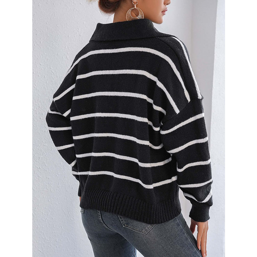 Striped Johnny Collar Long Sleeve Sweater Black / One Size Apparel and Accessories