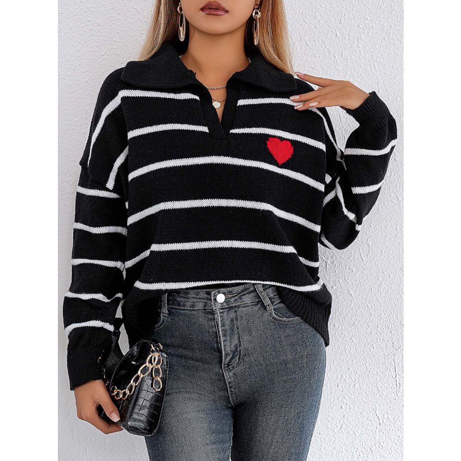 Striped Johnny Collar Long Sleeve Sweater Black / One Size Apparel and Accessories