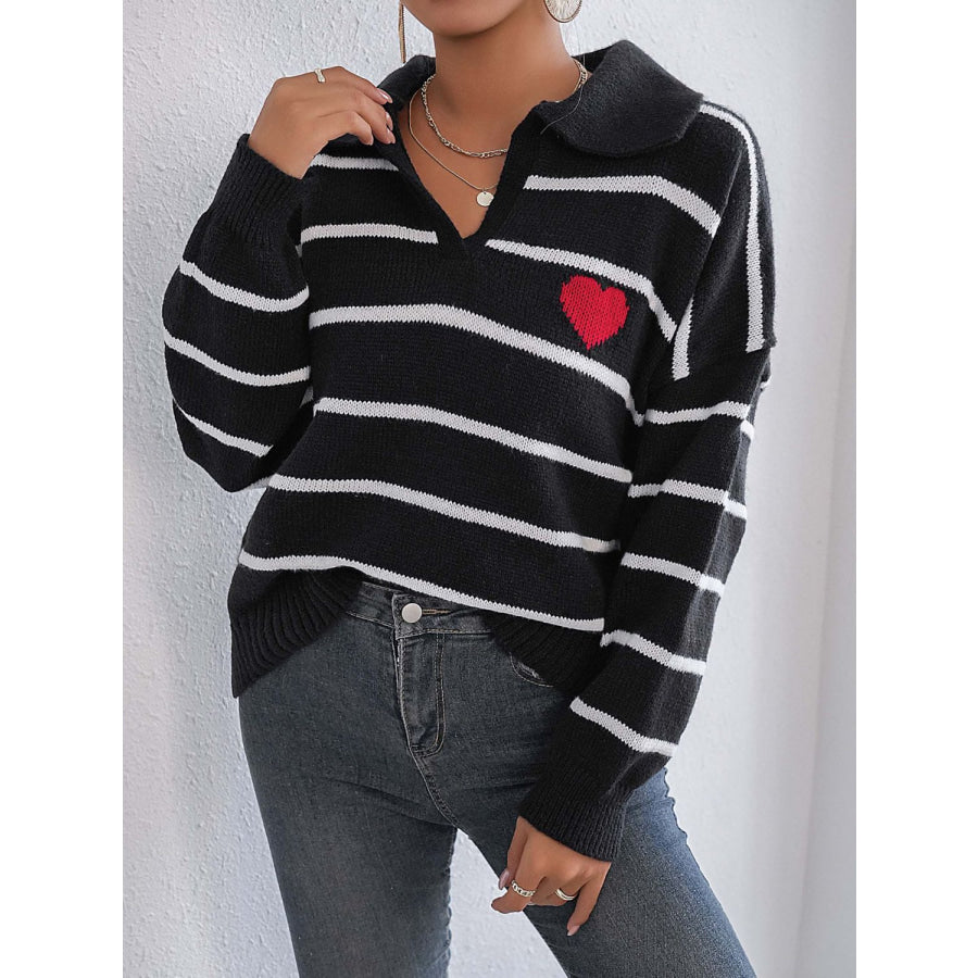 Striped Johnny Collar Long Sleeve Sweater Black / One Size Apparel and Accessories