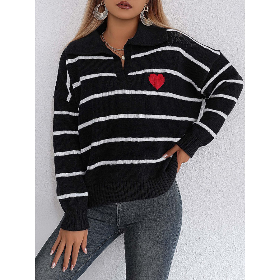 Striped Johnny Collar Long Sleeve Sweater Black / One Size Apparel and Accessories