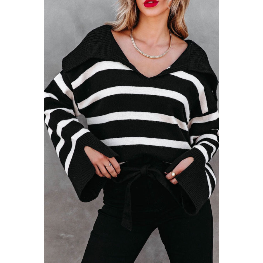 Striped Johnny Collar Long Sleeve Sweater Black / S Apparel and Accessories
