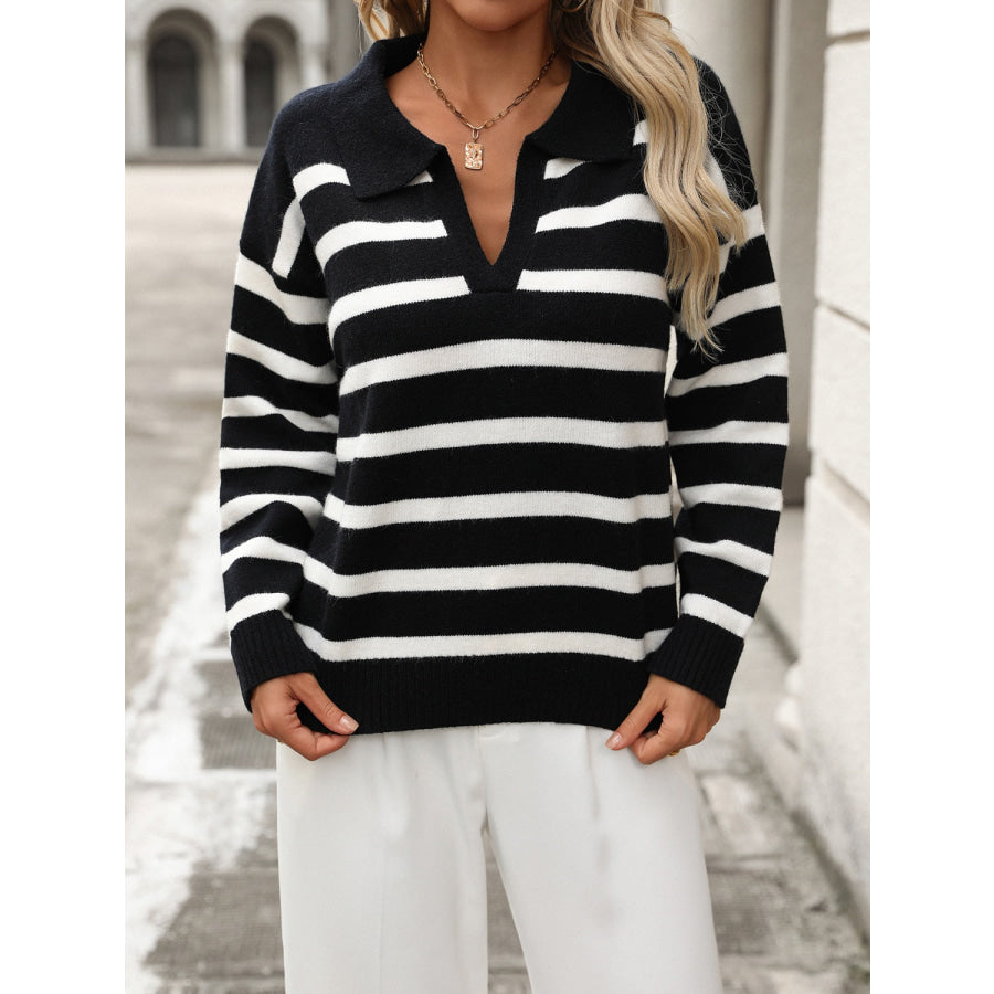 Striped Johnny Collar Long Sleeve Sweater Black / S Apparel and Accessories