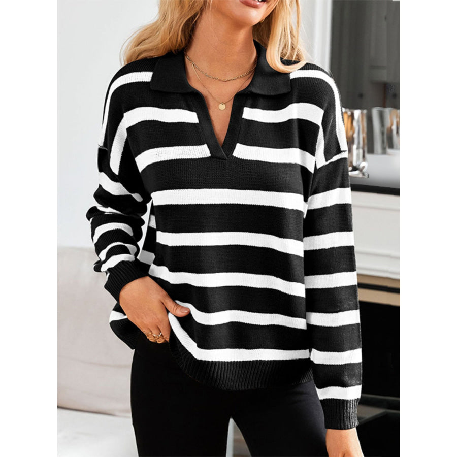 Striped Johnny Collar Long Sleeve Sweater Black / S Apparel and Accessories