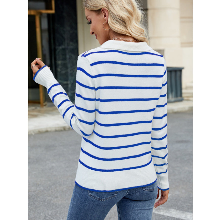 Striped Johnny Collar Long Sleeve Sweater Blue / S Apparel and Accessories