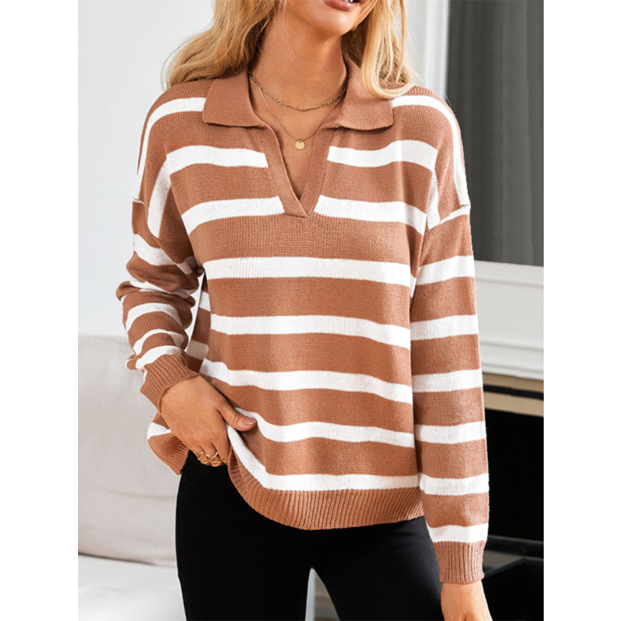 Striped Johnny Collar Long Sleeve Sweater Caramel / S Apparel and Accessories