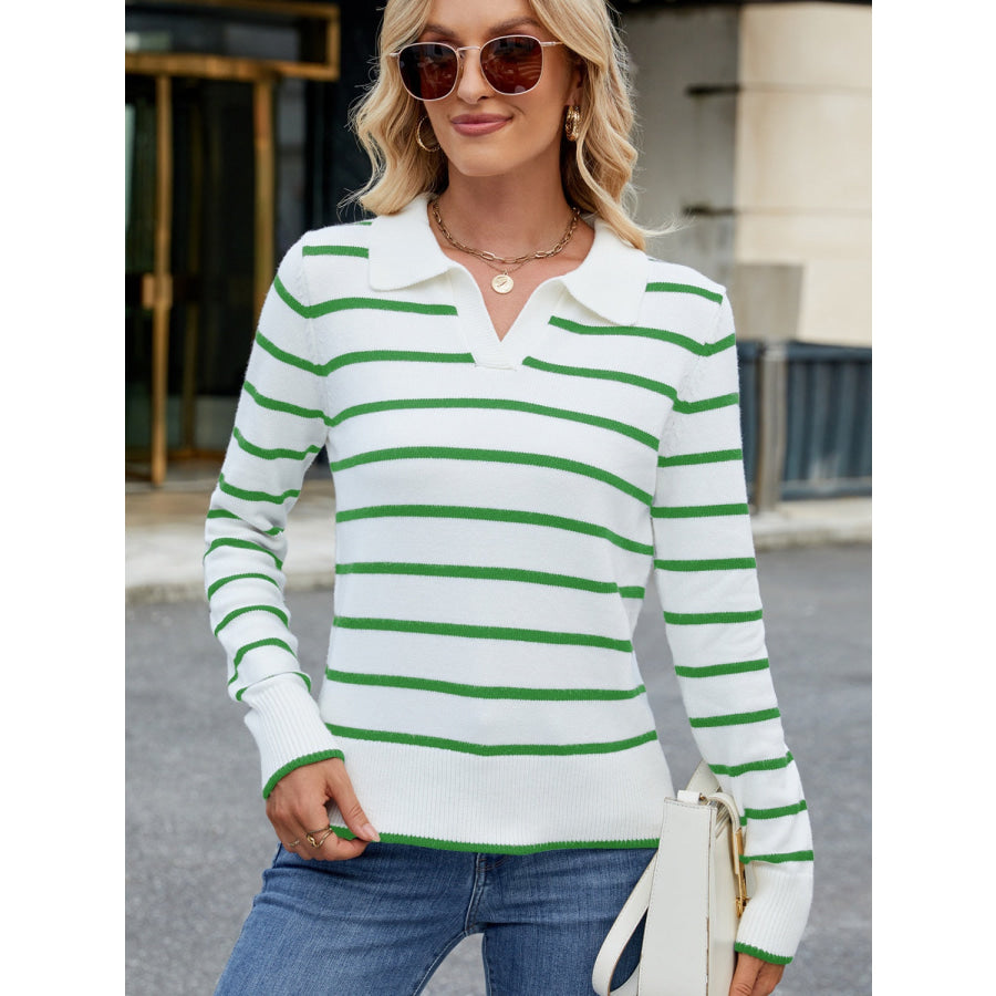 Striped Johnny Collar Long Sleeve Sweater Green / S Apparel and Accessories