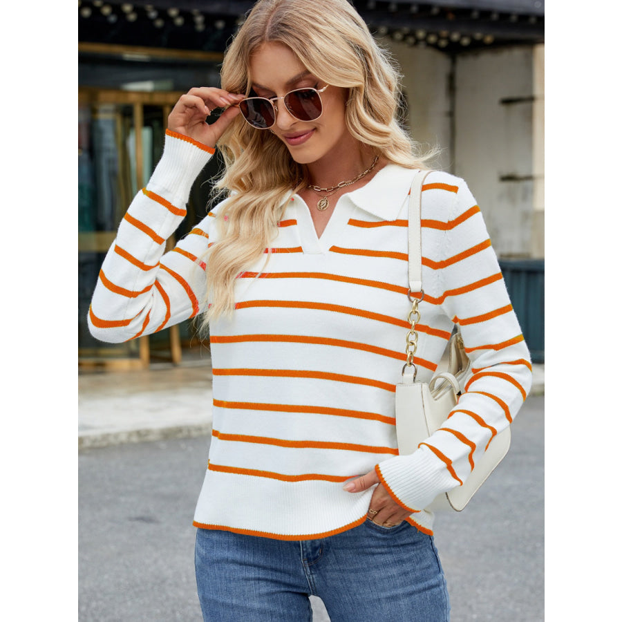 Striped Johnny Collar Long Sleeve Sweater Orange / S Apparel and Accessories