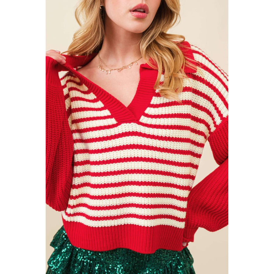 Striped Johnny Collar Long Sleeve Sweater Red / S Apparel and Accessories