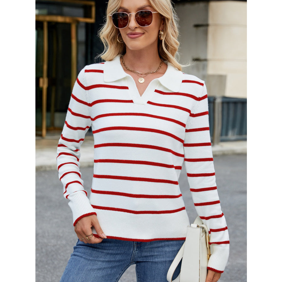 Striped Johnny Collar Long Sleeve Sweater Rust / S Apparel and Accessories