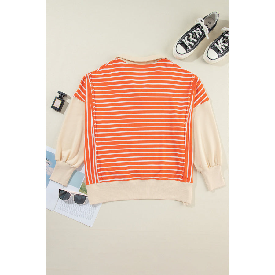 Striped Johnny Collar Long Sleeve Sweatshirt Apparel and Accessories