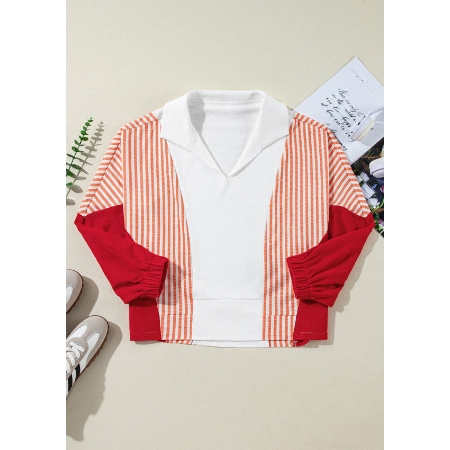 Striped Johnny Collar Long Sleeve Sweatshirt Apparel and Accessories