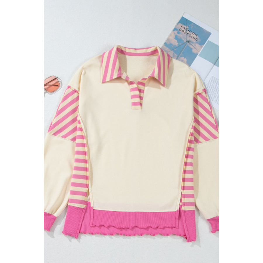 Striped Johnny Collar Long Sleeve Sweatshirt Apparel and Accessories