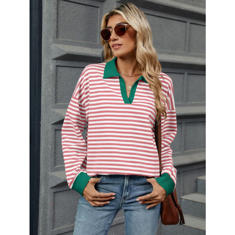 Striped Johnny Collar Long Sleeve Sweatshirt Apparel and Accessories