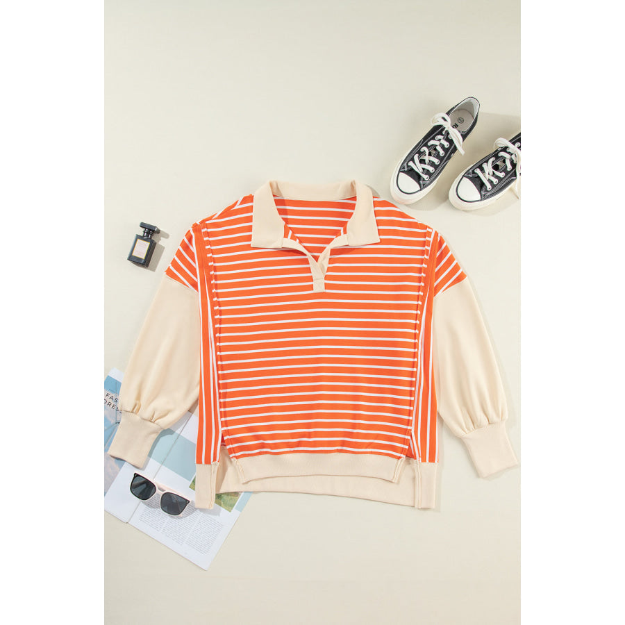 Striped Johnny Collar Long Sleeve Sweatshirt Apparel and Accessories