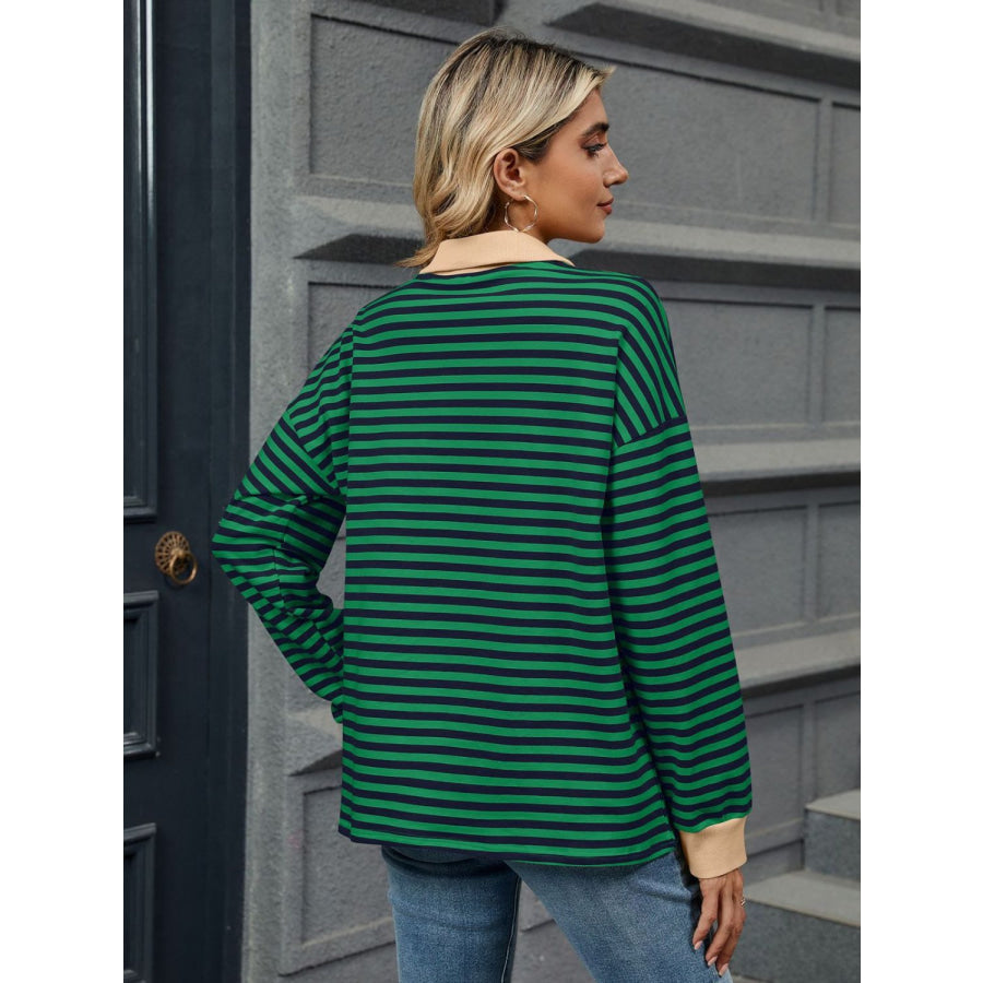 Striped Johnny Collar Long Sleeve Sweatshirt Apparel and Accessories