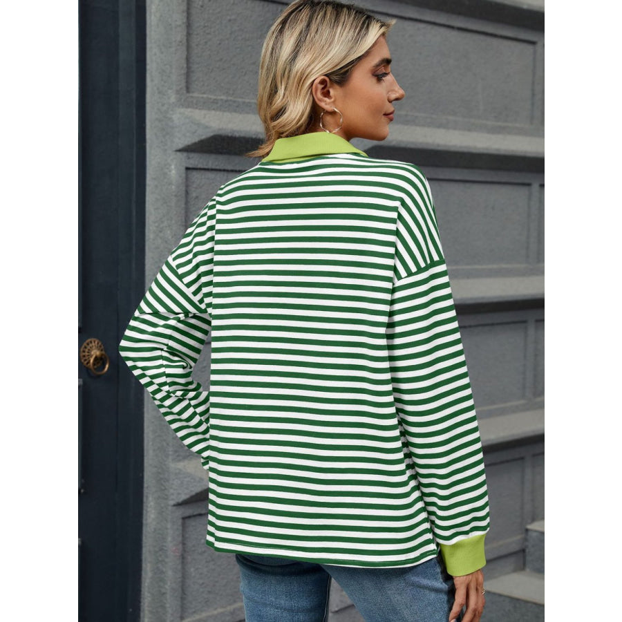 Striped Johnny Collar Long Sleeve Sweatshirt Apparel and Accessories