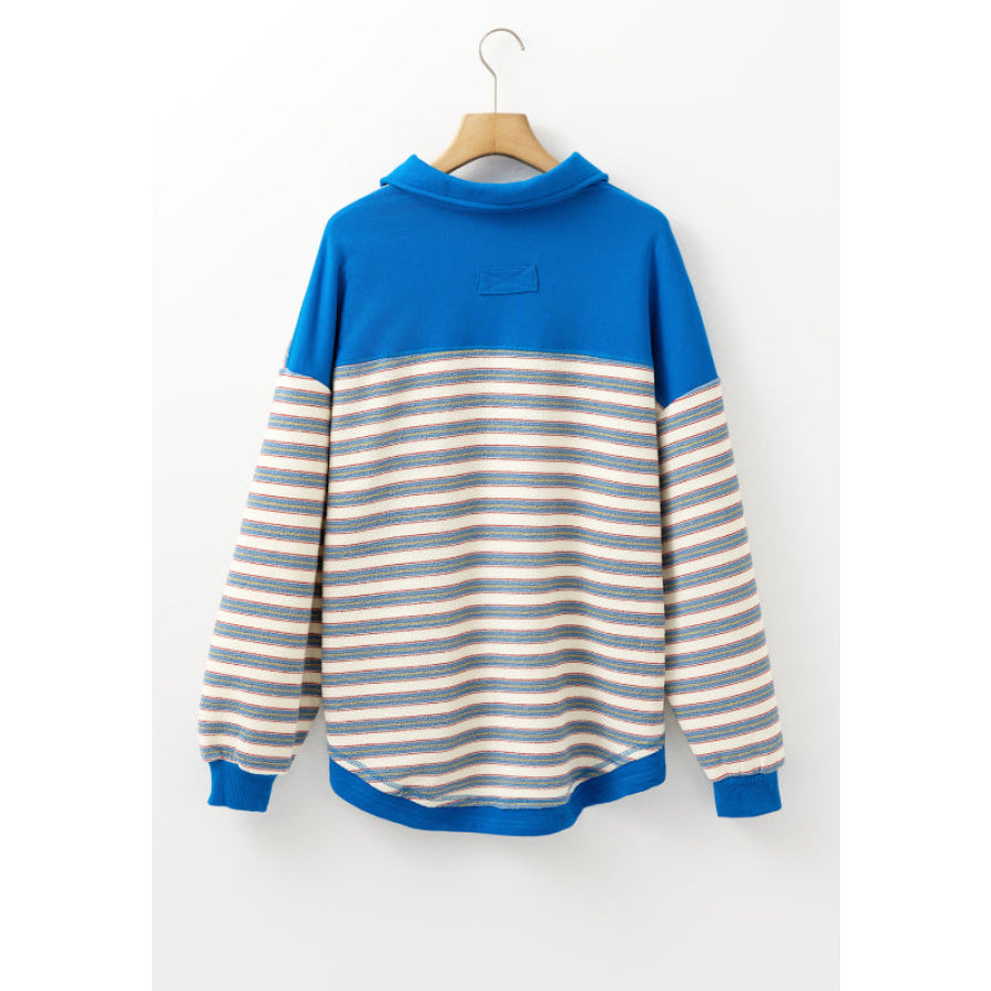 Striped Johnny Collar Long Sleeve Sweatshirt Apparel and Accessories