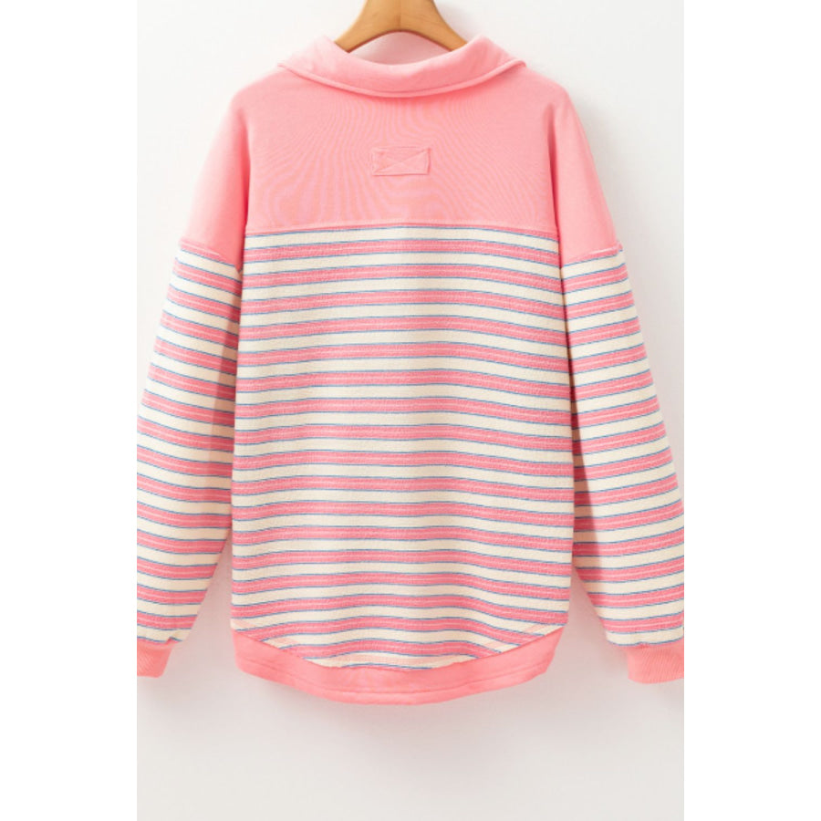 Striped Johnny Collar Long Sleeve Sweatshirt Apparel and Accessories