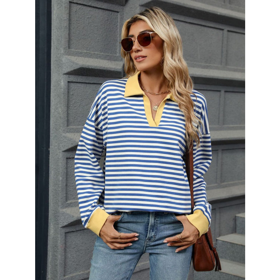 Striped Johnny Collar Long Sleeve Sweatshirt Apparel and Accessories