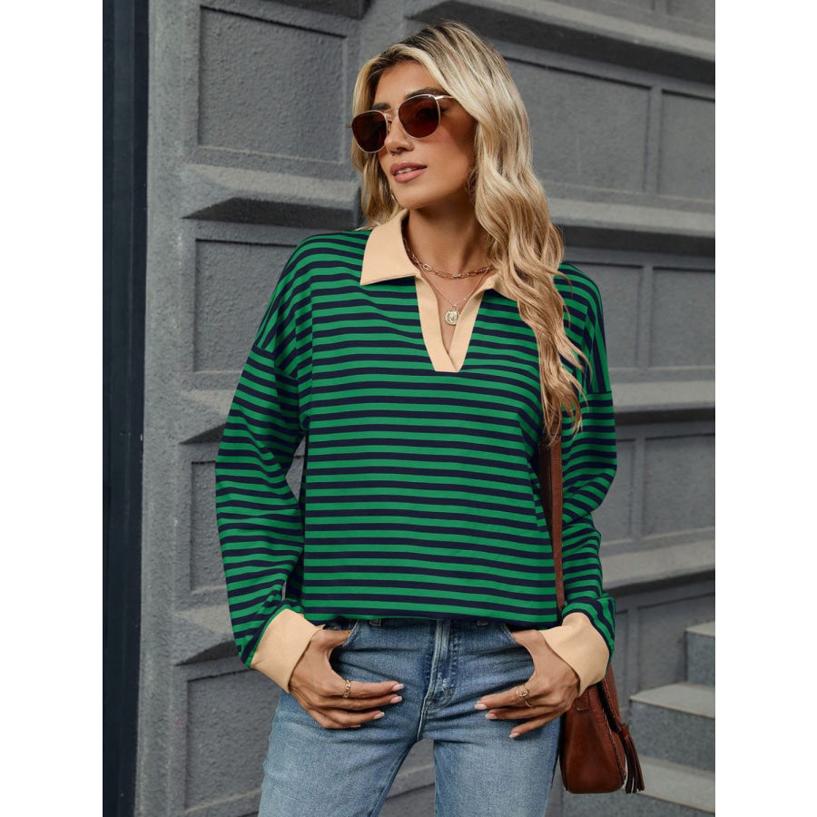 Striped Johnny Collar Long Sleeve Sweatshirt Apparel and Accessories