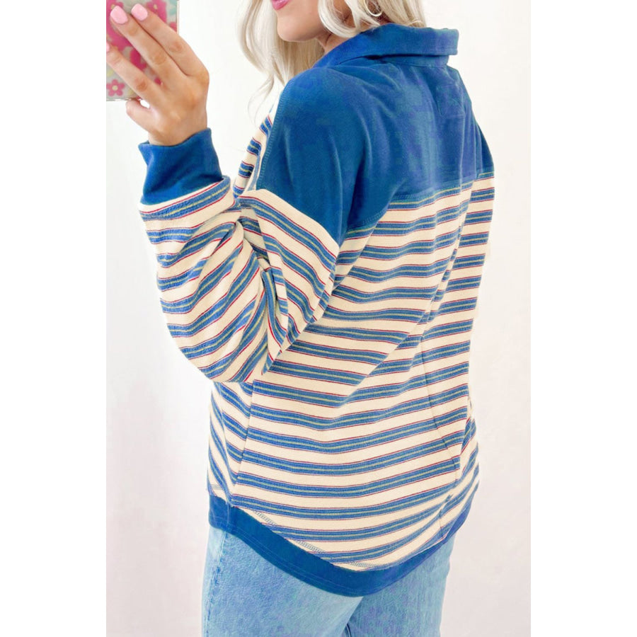 Striped Johnny Collar Long Sleeve Sweatshirt Apparel and Accessories