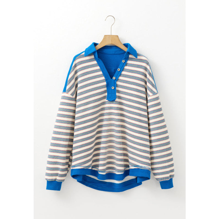 Striped Johnny Collar Long Sleeve Sweatshirt Apparel and Accessories