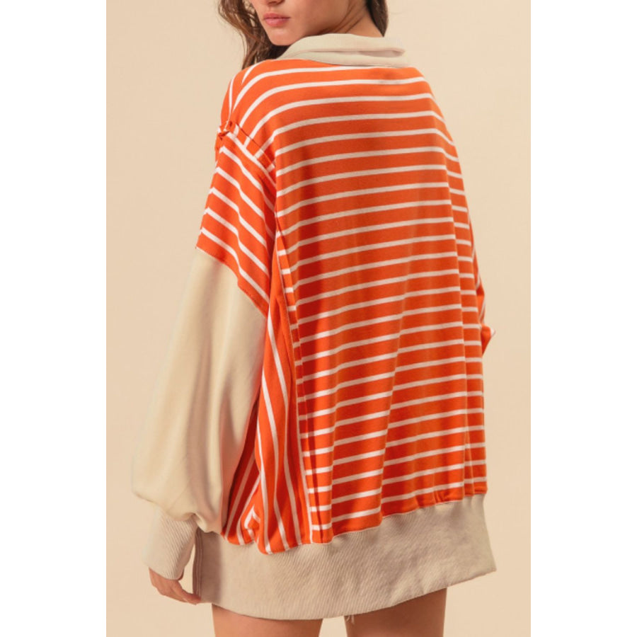 Striped Johnny Collar Long Sleeve Sweatshirt Apparel and Accessories