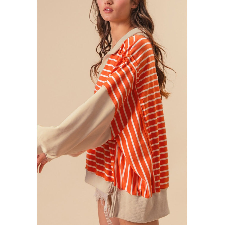 Striped Johnny Collar Long Sleeve Sweatshirt Apparel and Accessories