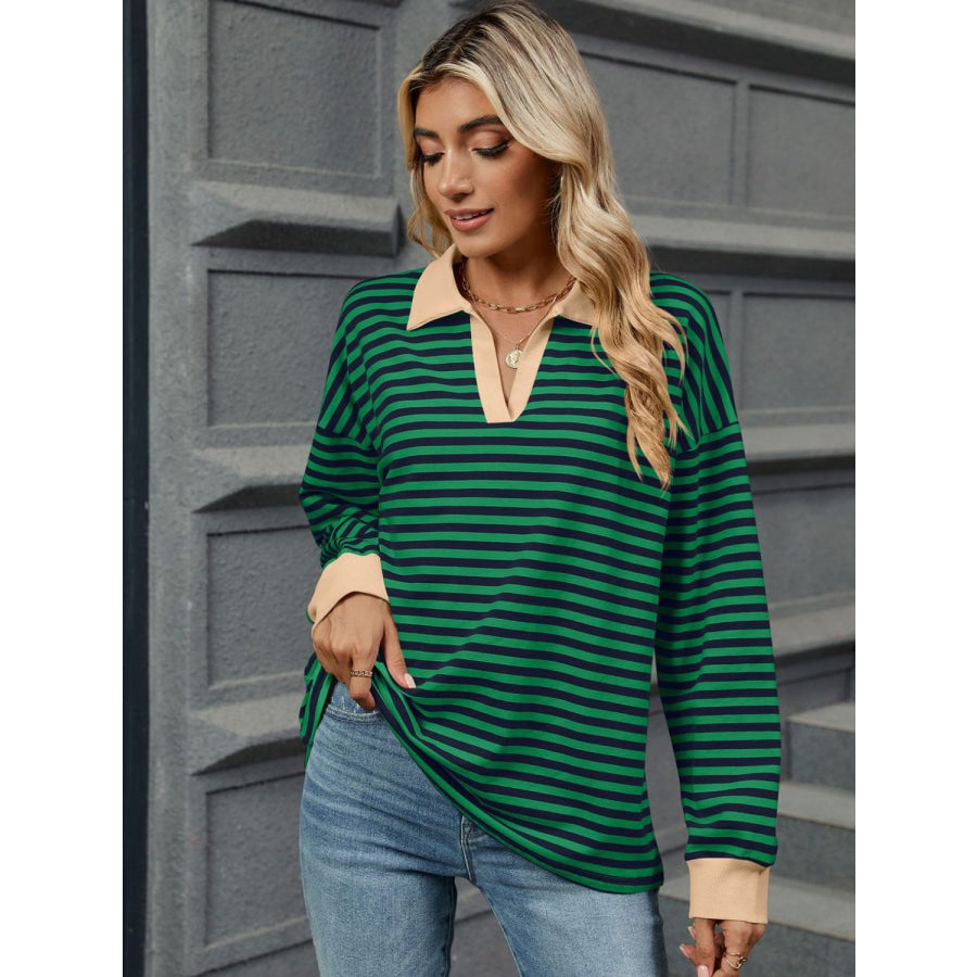 Striped Johnny Collar Long Sleeve Sweatshirt Apparel and Accessories