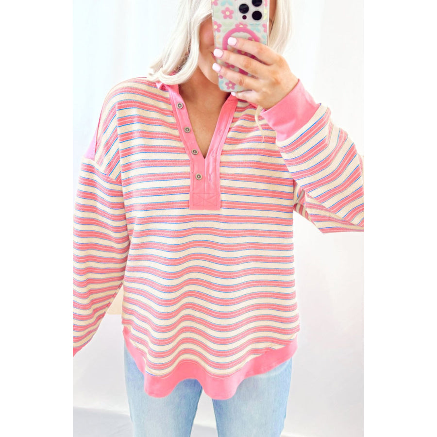 Striped Johnny Collar Long Sleeve Sweatshirt Apparel and Accessories