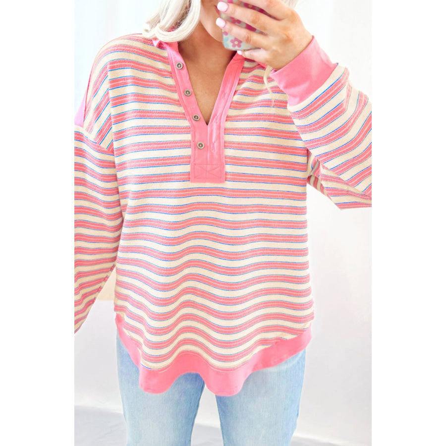 Striped Johnny Collar Long Sleeve Sweatshirt Apparel and Accessories