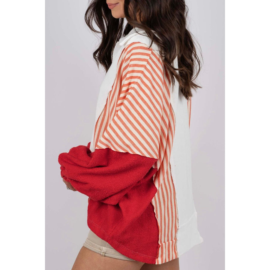 Striped Johnny Collar Long Sleeve Sweatshirt Apparel and Accessories