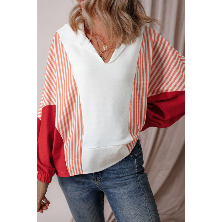 Striped Johnny Collar Long Sleeve Sweatshirt Apparel and Accessories