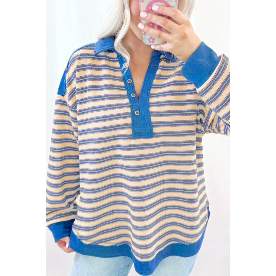 Striped Johnny Collar Long Sleeve Sweatshirt Apparel and Accessories