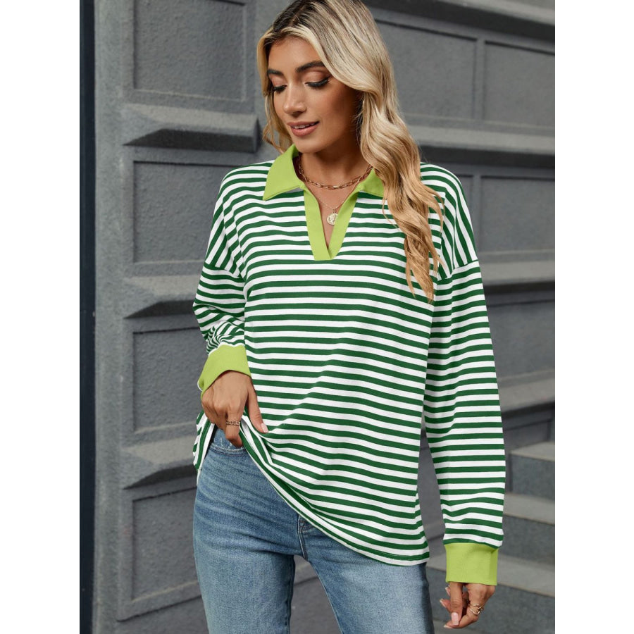 Striped Johnny Collar Long Sleeve Sweatshirt Apparel and Accessories