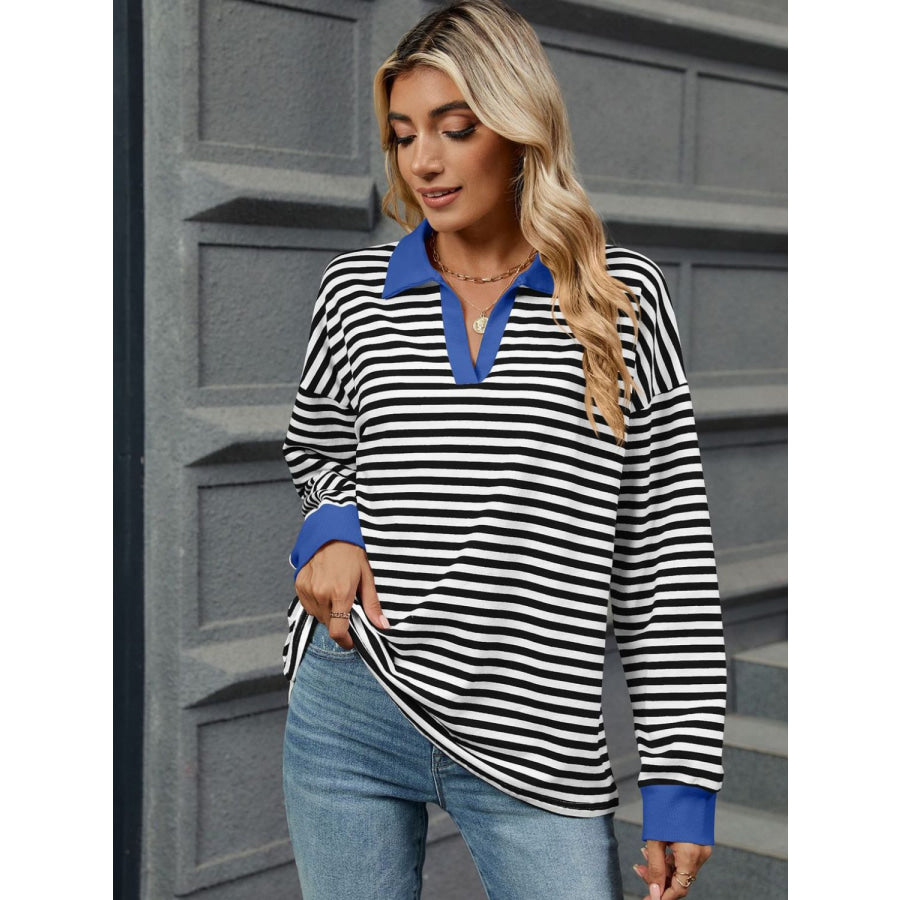 Striped Johnny Collar Long Sleeve Sweatshirt Apparel and Accessories