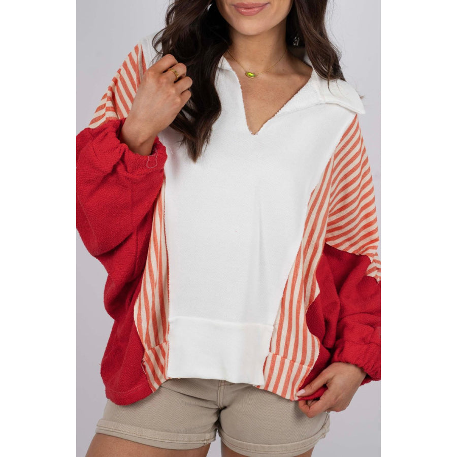 Striped Johnny Collar Long Sleeve Sweatshirt Apparel and Accessories