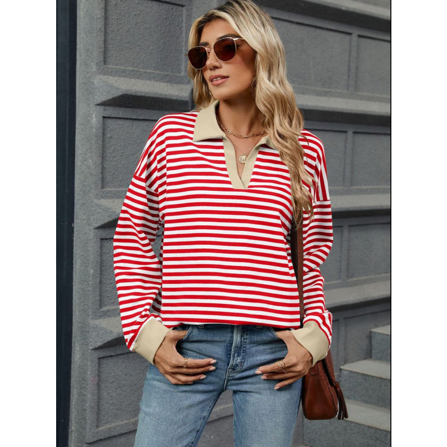 Striped Johnny Collar Long Sleeve Sweatshirt Apparel and Accessories