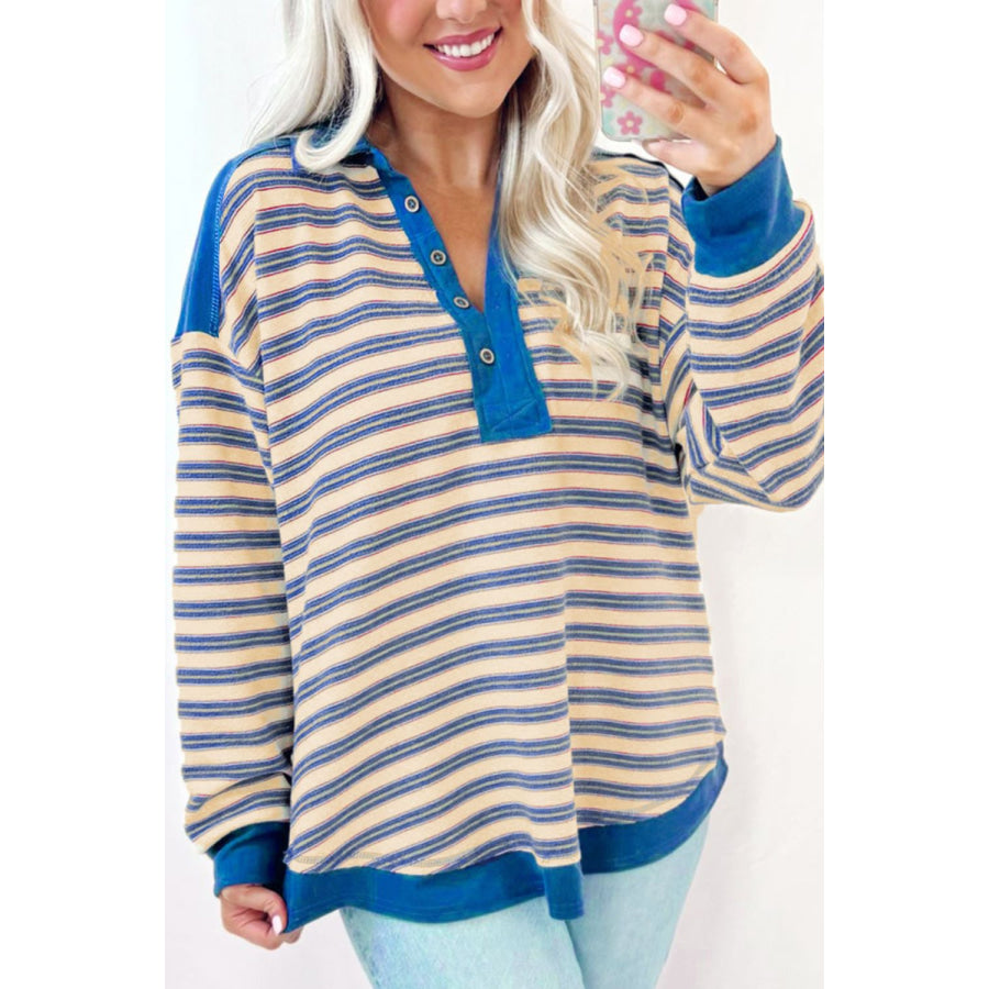 Striped Johnny Collar Long Sleeve Sweatshirt Apparel and Accessories