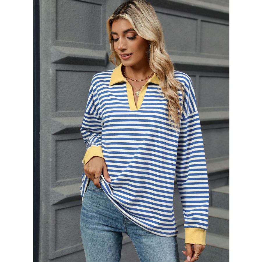 Striped Johnny Collar Long Sleeve Sweatshirt Apparel and Accessories